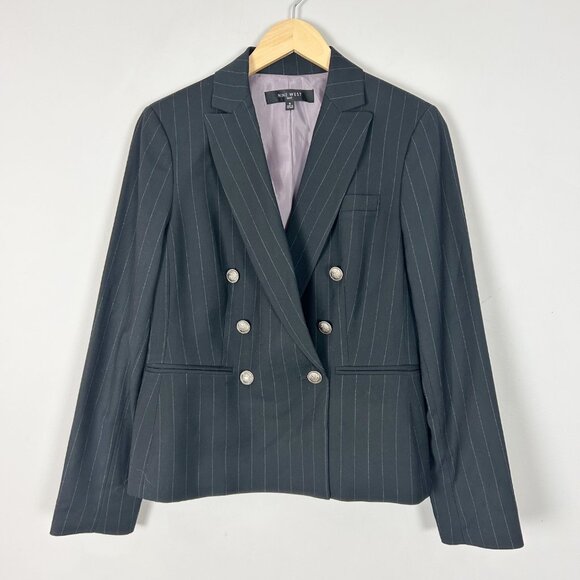 Nine West Black Pinstripe Double Breasted Blazer Jacket Crest Button Size 8 Wome - Picture 1 of 5